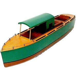 Vintage Wooden Pond Boat Model 24" Decor MCM Cabin Cruiser Yacht Folk Toy Green